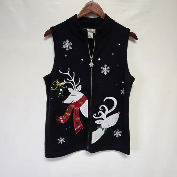 Nouveaux reindeer holiday Christmas sweater vest zip closure Vintage Large - Picture 2 of 9